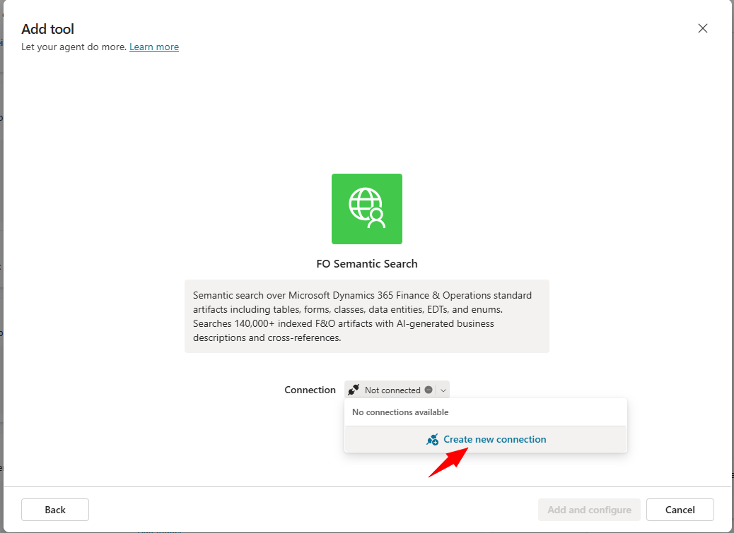 Add tool dialog showing Create new connection