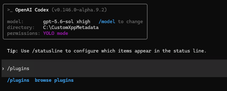 OpenAI Codex CLI showing the /plugins command being typed