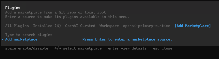 Codex plugin browser showing the Add Marketplace option highlighted