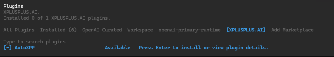 XPLUSPLUS.AI tab showing AutoXPP plugin available for install