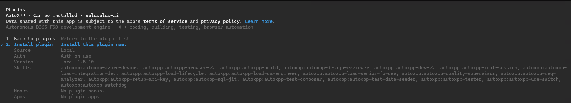 AutoXPP plugin details showing Install plugin option and full skill list