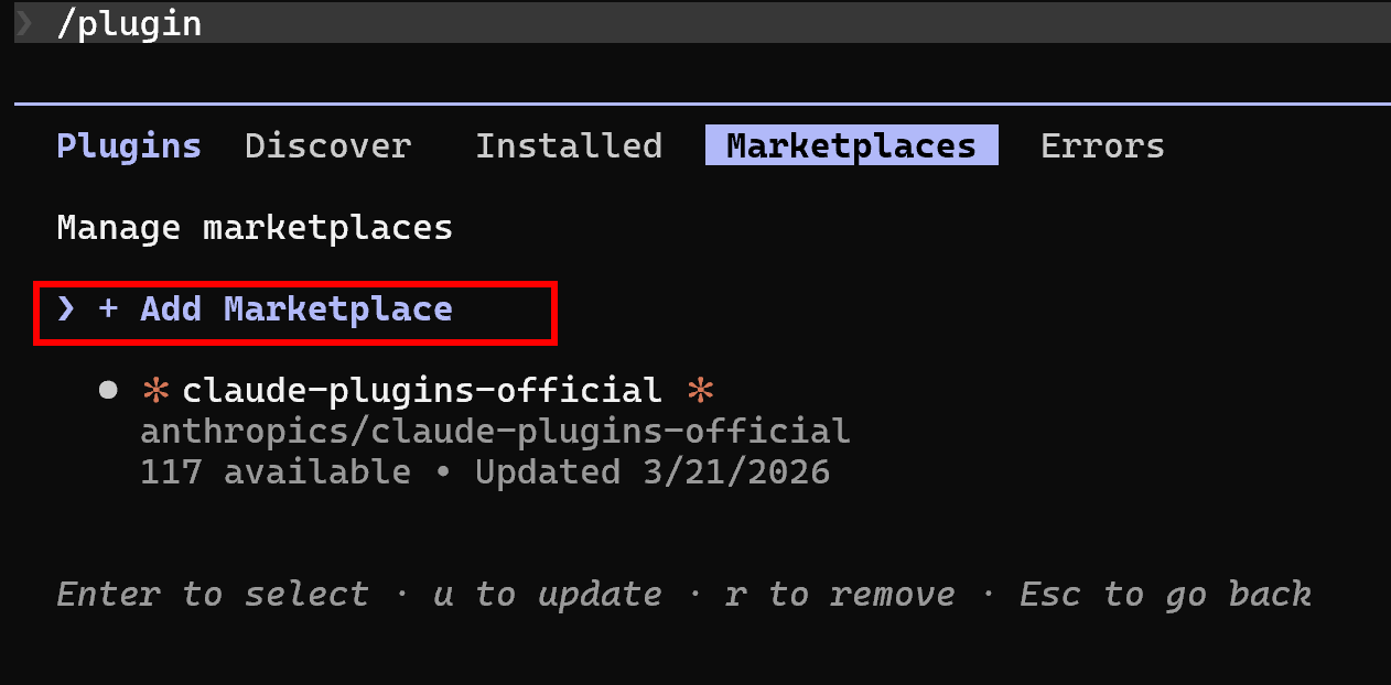 Claude Code plugin manager showing the Marketplaces tab with Add Marketplace button highlighted