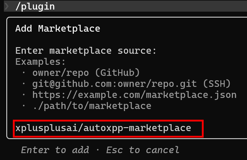 Add Marketplace dialog with xplusplusai/autoxpp-marketplace entered
