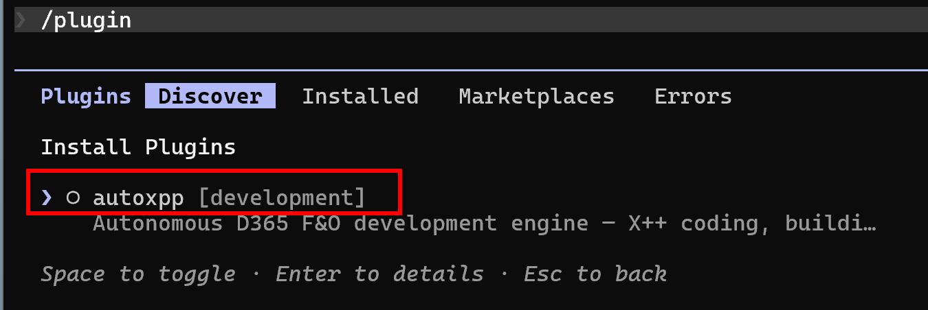 Discover tab showing autoxpp plugin in the list