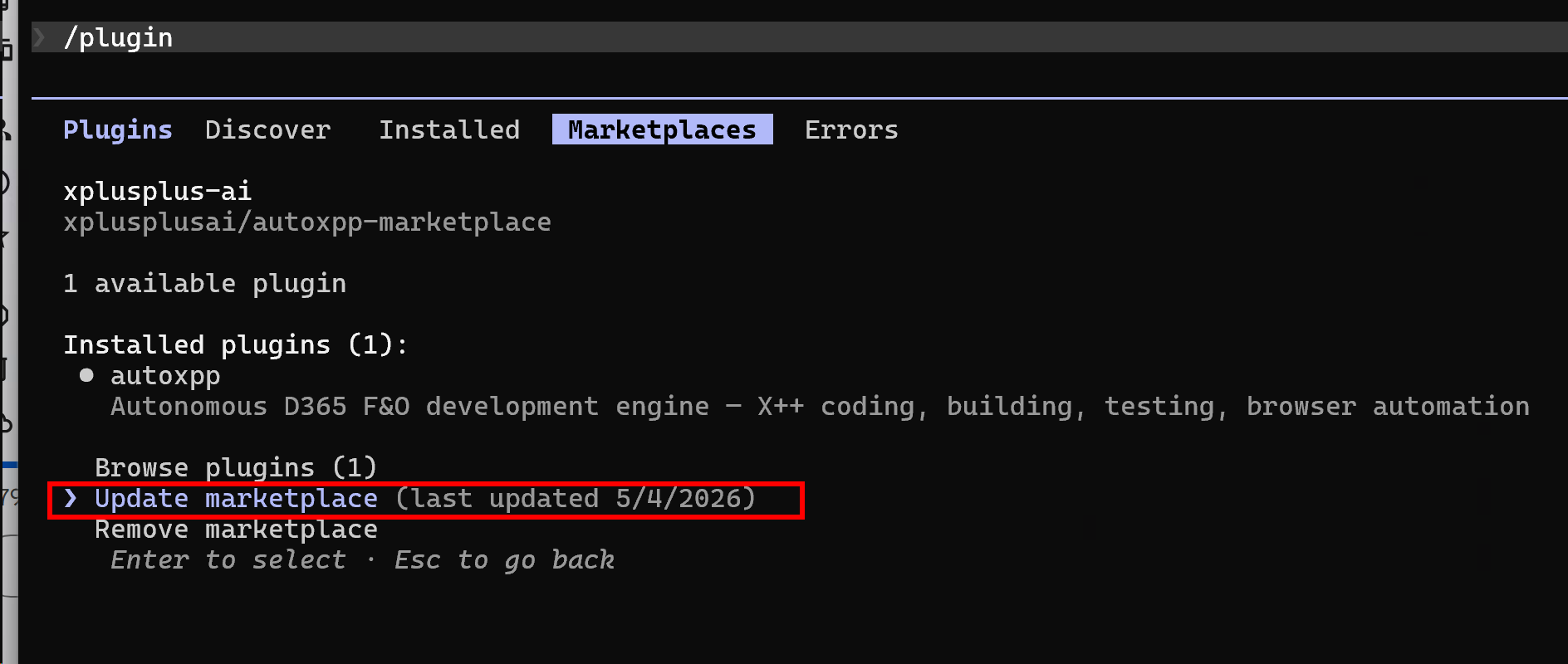 Marketplace details showing Update marketplace option highlighted